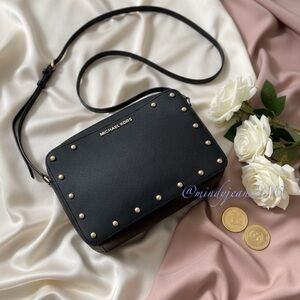 Michael Kors Black “Sandrine Stud” Crossbody with Gold accent
